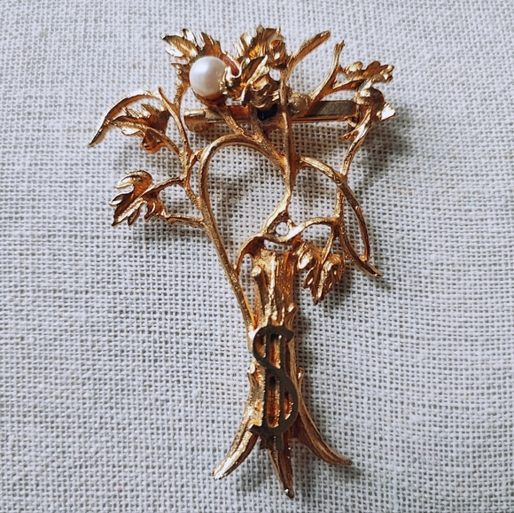 Lucky Money Tree Pin Gold Tone Faux Pearl Vintage Brooch Faux Pearl - Picture 1 of 6
